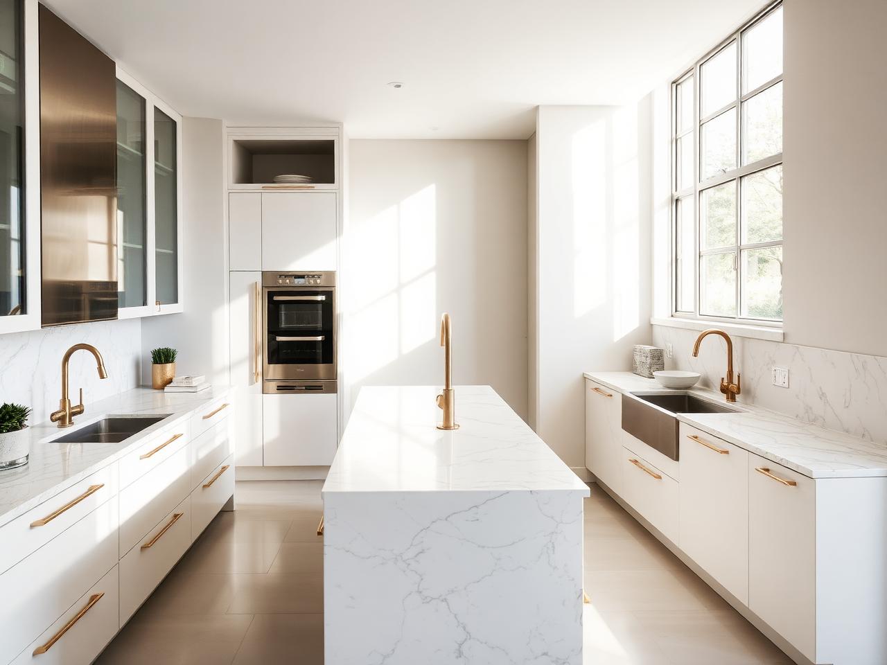 Bright luxury kitchen with marble island and brass fixtures